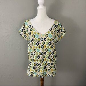 Garnish PDX $108 Knit Tunic Top Size XL Geometric Green Cap Sleeve Shirt USA